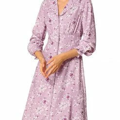 Allegra K Women's Fall Notch Lapel Shirt Dress Long Sleeve Smocked Waist Floral Dress