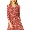 Allegra K V Neck Pleated Detail Belted Floral Dress