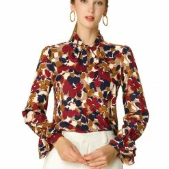 Allegra K Tie V Neck Blouse Long Trumpet Sleeve Floral Shirt Women