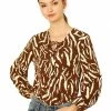 Allegra K Animal Zebra Print Bishop Long Sleeves Loose Tie Neck Blouse Women