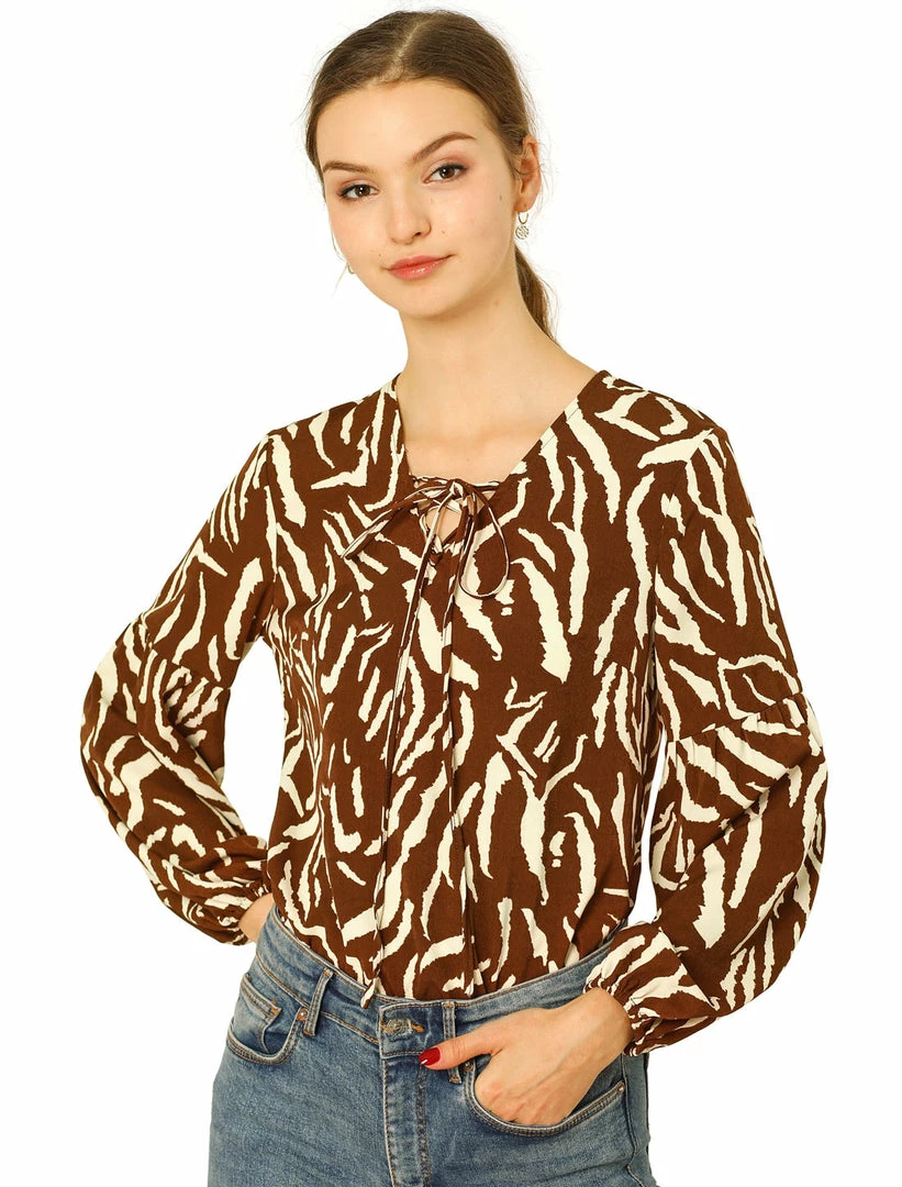 Allegra K Animal Zebra Print Bishop Long Sleeves Loose Tie Neck Blouse Women 3 Allegra K Animal Zebra Print Bishop Long Sleeves Loose Tie Neck Blouse Women