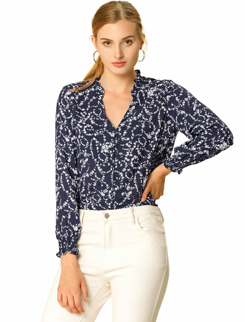 Women Allegra K Floral Print Top Ruffle V Neck Long Sleeves Button Down Shirt 3 Women Allegra K Floral Print Top Ruffle V Neck Long Sleeves Button Down Shirt