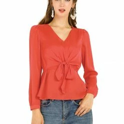 Allegra K Long Sleeve V Neck Tie Front Solid Color Blouse Top