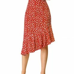 Allegra K Women's Leopard Floral Printed Ruffle Hem Mermaid Asymmetrical Midi Skirt