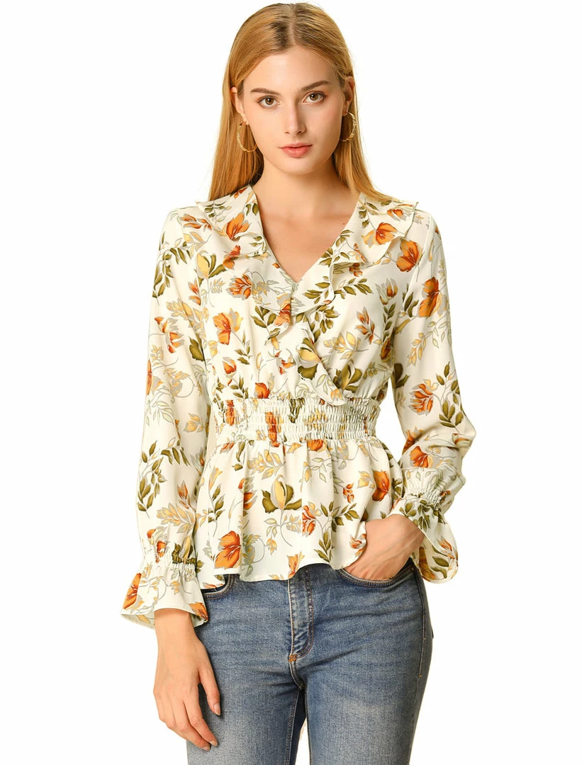 Allegra K Ruffle Lapel V Neck Blouse Long Smocked Elastic Sleeve Floral Peplum Top 3 Allegra K Ruffle Lapel V Neck Blouse Long Smocked Elastic Sleeve Floral Peplum Top