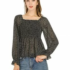 Women Allegra K Square Neck Long Bell Sleeve Floral Print Smocked Blouse