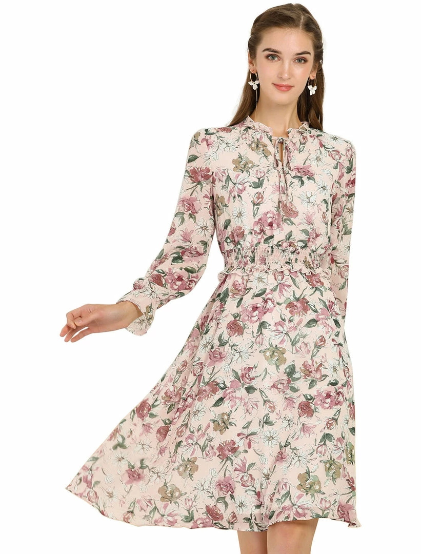 Allegra K Women's Vintage Floral Tie V Neck Smocked Waist Ruffle Dress 3 Allegra K Women's Vintage Floral Tie V Neck Smocked Waist Ruffle Dress