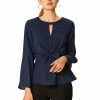 Women Allegra K Basic Keyhole Round Neck Tie Waist Bracelet Sleeve Top