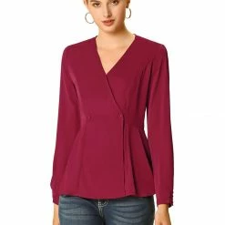 Allegra K V Neck Long Sleeves Button Closure Peplum Blouse