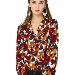 Allegra K Women's V Neck Floral Casual Print Long Sleeve Button Down Shirt Tops