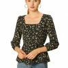 Allegra K Floral Print Square Neck Long Sleeves Tie Waist Blouse Women