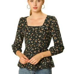 Allegra K Floral Print Square Neck Long Sleeves Tie Waist Blouse Women
