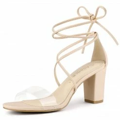 Allegra K Women's Clear Strap Block Heel Lace Up Heels Sandals Shoes