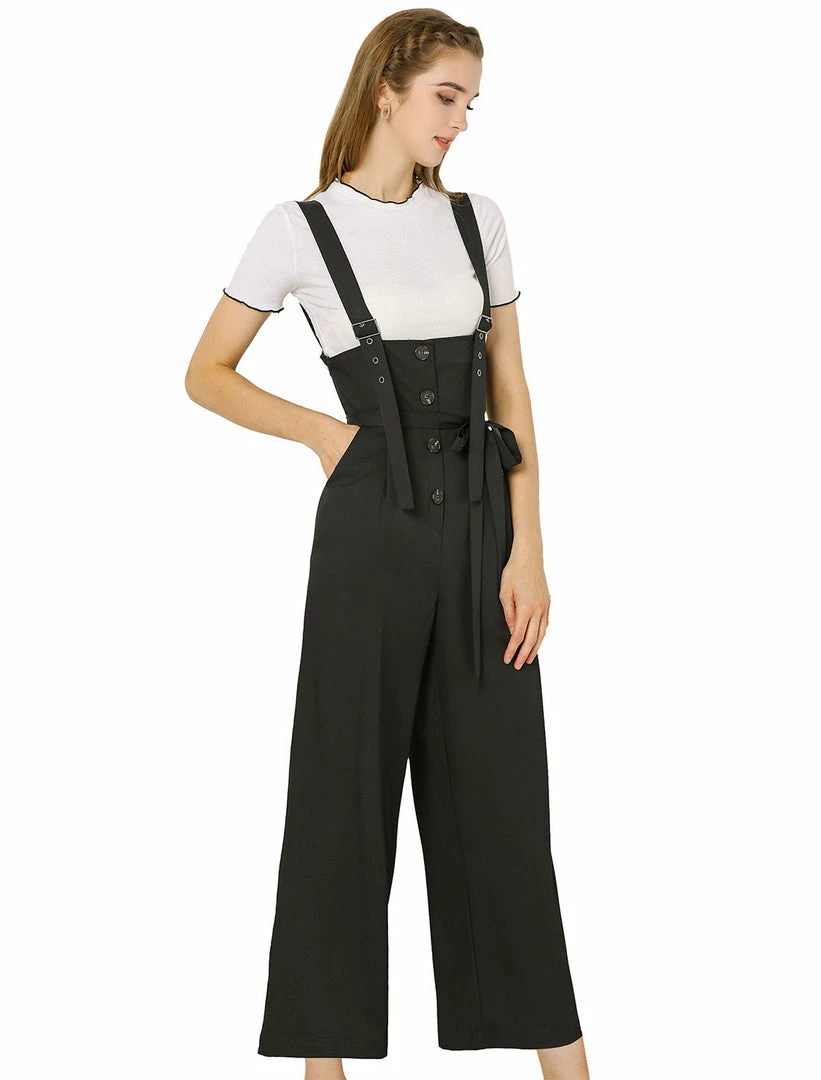 Allegra K Women's High Waist Wide Leg Belted Button Long Overall Jumpsuit 3 Allegra K Women's High Waist Wide Leg Belted Button Long Overall Jumpsuit