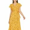 Allegra K Women's Floral Ruffle Trim Cuff V Neck Self Belt Midi Wrap Dress