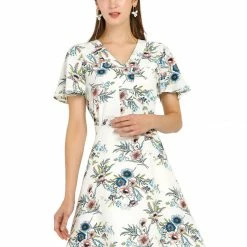 Allegra K Women's Floral Print Casual V-Neck Short Sleeves A-Line Flare Dress