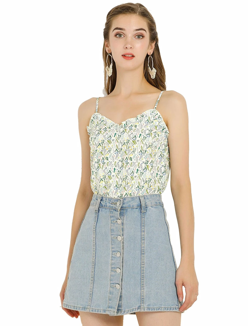 Allegra K Women's Ditsy Floral Print Tops Sleeveless Spaghetti Strap Casual Ruffle Neck Cami Blouse 3 Allegra K Women's Ditsy Floral Print Tops Sleeveless Spaghetti Strap Casual Ruffle Neck Cami Blouse
