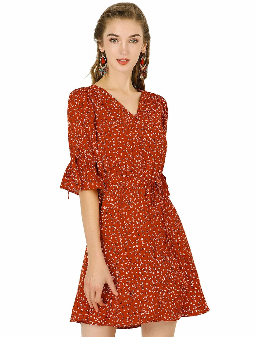 Allegra K Women's V Neck Tie Waist A-line Floral Dress 3 Allegra K Women's V Neck Tie Waist A-line Floral Dress