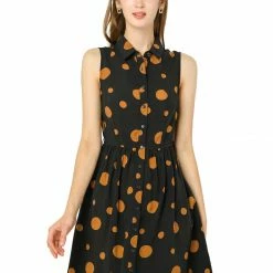 Allegra K Women's Polka Dot Button Down Tie Waist Sleeveless Shirt Dress