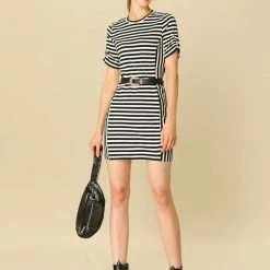 Allegra K Women's Short Sleeve Contrast Color Crew Neck Mini Striped T-Shirt Dress