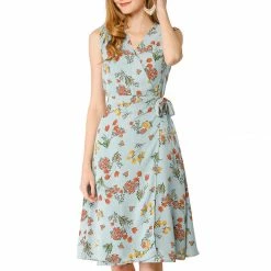 Allegra K Women's Vintage Summer Sleeveless V Neck Tie Waist Floral Wrap Midi Dress