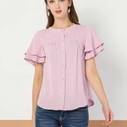 Allegra K Women's Ruffle Short Sleeve Button Down Loose Blouse Top