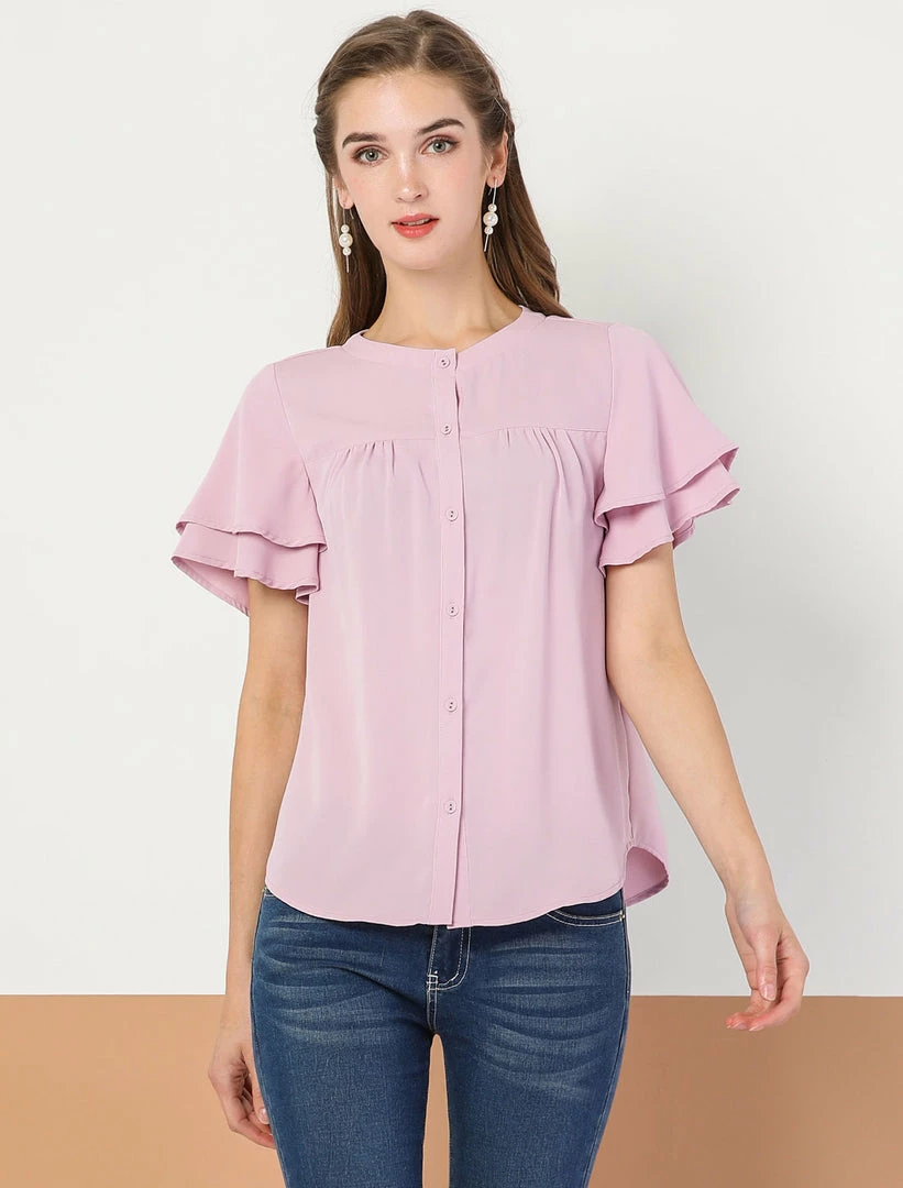 Allegra K Women's Ruffle Short Sleeve Button Down Loose Blouse Top 3 Allegra K Women's Ruffle Short Sleeve Button Down Loose Blouse Top