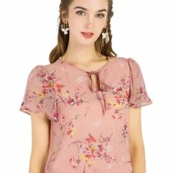 Allegra K Women's Floral Tie V Neck Flutter Sleeves Elegant Top Blouse