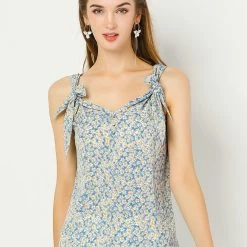 Allegra K Women's Floral V Neck Knot Shoulder Cami Tank Sleeveless Blouse Top