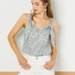 Allegra K Women's Floral V Neck Knot Shoulder Cami Tank Sleeveless Blouse Top