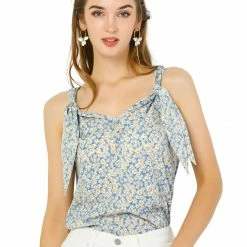 Allegra K Women's Floral V Neck Knot Shoulder Cami Tank Sleeveless Blouse Top
