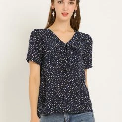 Allegra K Women's Printed Tie V Neck Short Sleeves Straight Loose Blouse Top