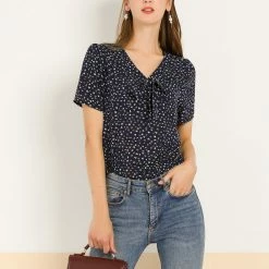 Allegra K Women's Printed Tie V Neck Short Sleeves Straight Loose Blouse Top