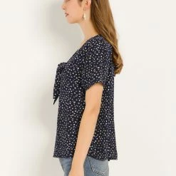 Allegra K Women's Printed Tie V Neck Short Sleeves Straight Loose Blouse Top