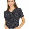 Allegra K Women's Printed Tie V Neck Short Sleeves Straight Loose Blouse Top