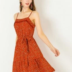 Allegra K Women's Spaghetti Strap Belted Casual Tassels Flare Floral Dress