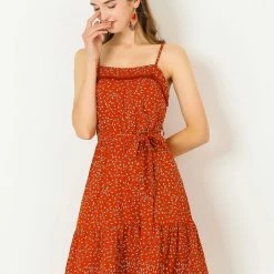 Allegra K Women's Spaghetti Strap Belted Casual Tassels Flare Floral Dress