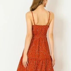 Allegra K Women's Spaghetti Strap Belted Casual Tassels Flare Floral Dress