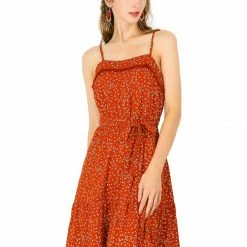 Allegra K Women's Spaghetti Strap Belted Casual Tassels Flare Floral Dress