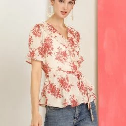 Allegra K Women's Wrap Peplum Top Blouse Tie Waist Short Sleeve Ruffle Floral V Neck Belted Shirts