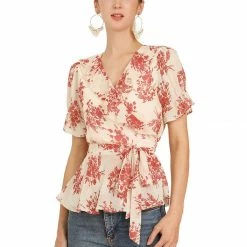 Allegra K Women's Wrap Peplum Top Blouse Tie Waist Short Sleeve Ruffle Floral V Neck Belted Shirts