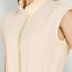 Allegra K Women's Work Casual Crochet Insert Pleated Plain Cap Sleeve Blouse