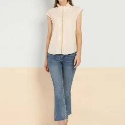 Allegra K Women's Work Casual Crochet Insert Pleated Plain Cap Sleeve Blouse