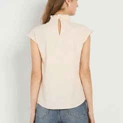 Allegra K Women's Work Casual Crochet Insert Pleated Plain Cap Sleeve Blouse