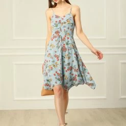 Allegra K Women's Floral Printed V Neck Asymmetric Flare Spaghetti Strap Dress