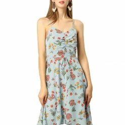 Allegra K Women's Floral Printed V Neck Asymmetric Flare Spaghetti Strap Dress