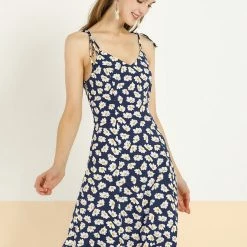 Allegra K Women's Summer Spaghetti Strap Floral Knee Length Sleeveless Smocked Dress