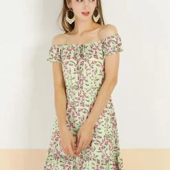 Allegra K Women's Floral Tie Elastic Boat Neck Tiered Ruffled Hem A-line Dress