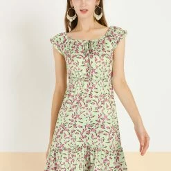 Allegra K Women's Floral Tie Elastic Boat Neck Tiered Ruffled Hem A-line Dress