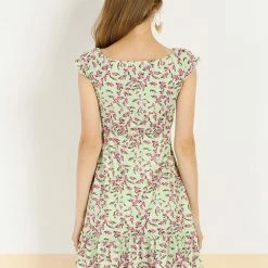 Allegra K Women's Floral Tie Elastic Boat Neck Tiered Ruffled Hem A-line Dress